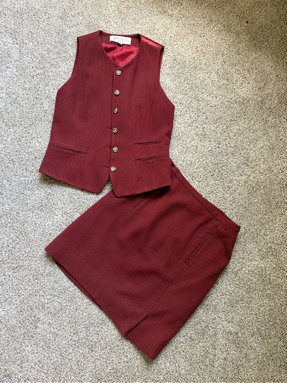 Vintage Worth Burgundy Pinstripe Skirt Set with Silk Lining